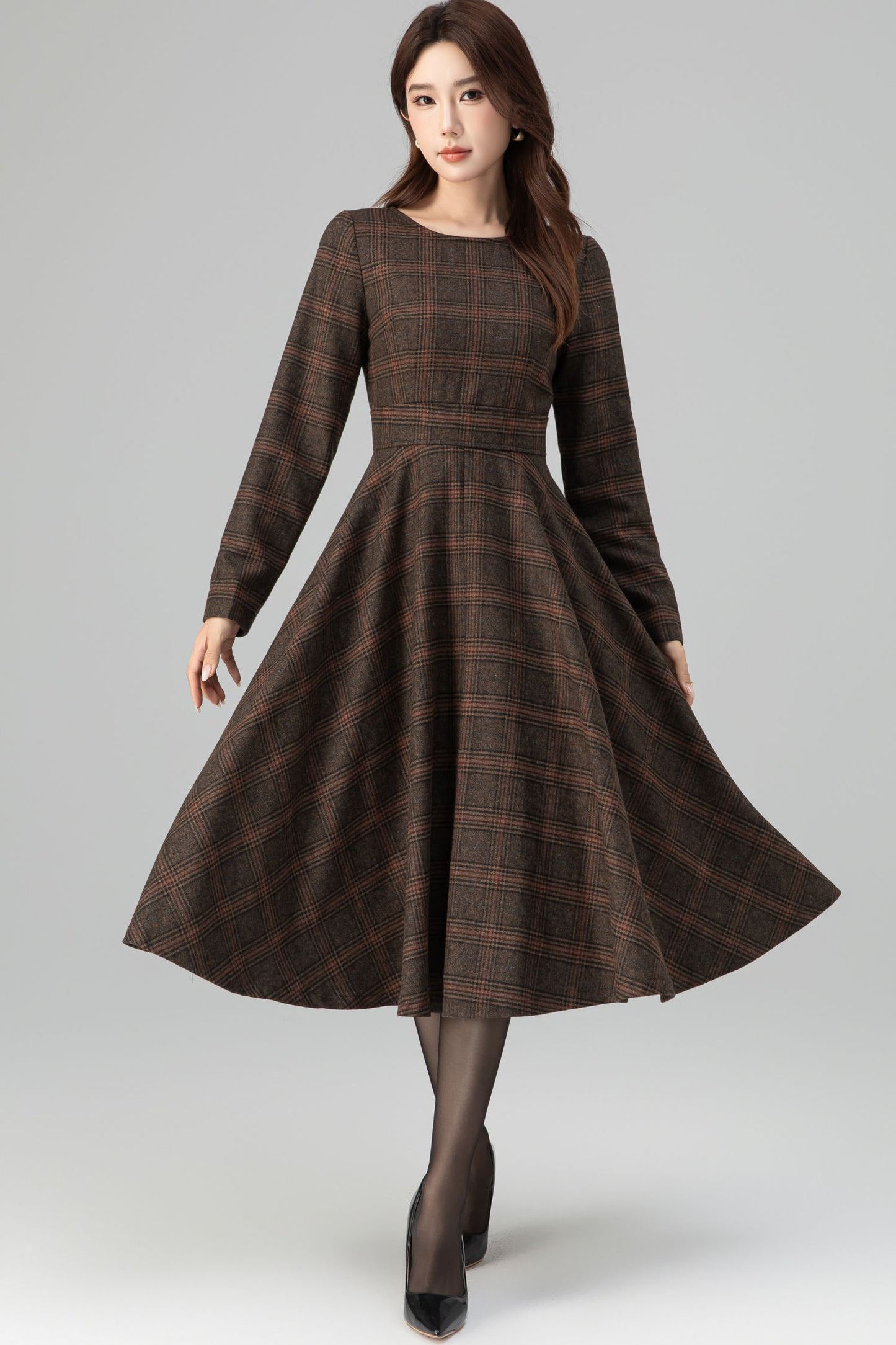 Brown Wool Blend Plaid Dress – Handmade Vintage Midi Winter Style | Xiaolizi 6391