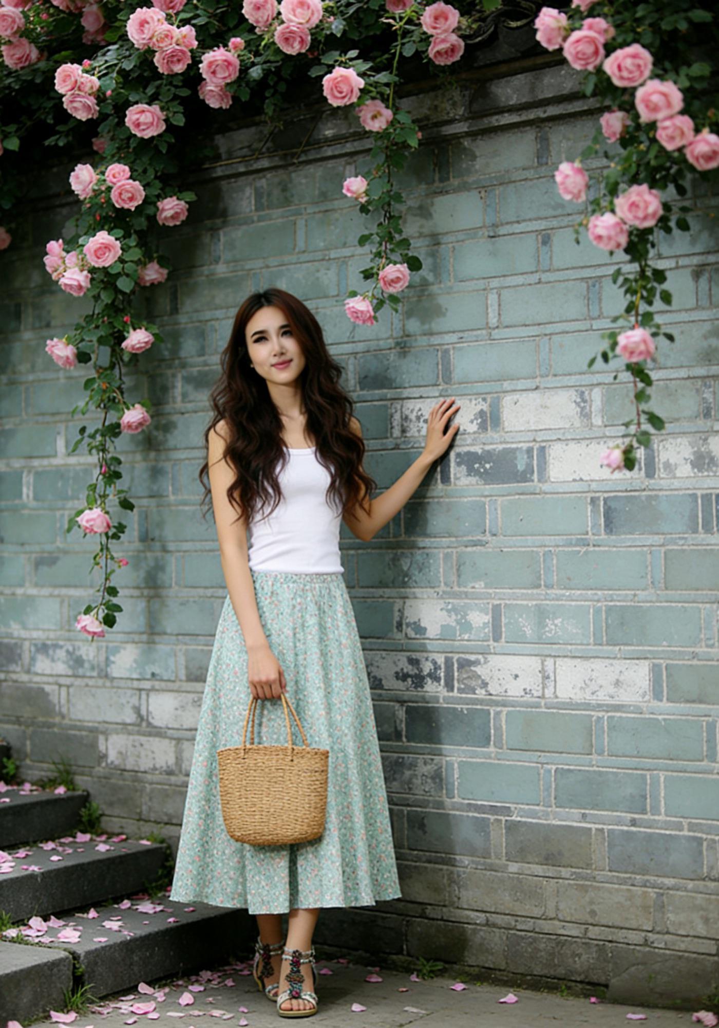 Handmade Floral Linen Cotton Skirt – Green Maxi Summer Skirt with Pockets | Xiaolizi 6784