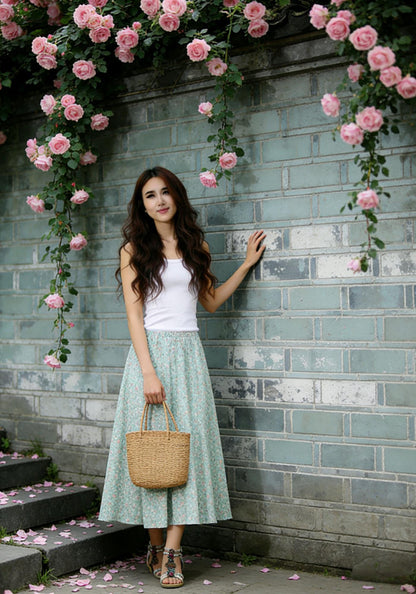 Handmade Floral Linen Cotton Skirt – Green Maxi Summer Skirt with Pockets | Xiaolizi 6784