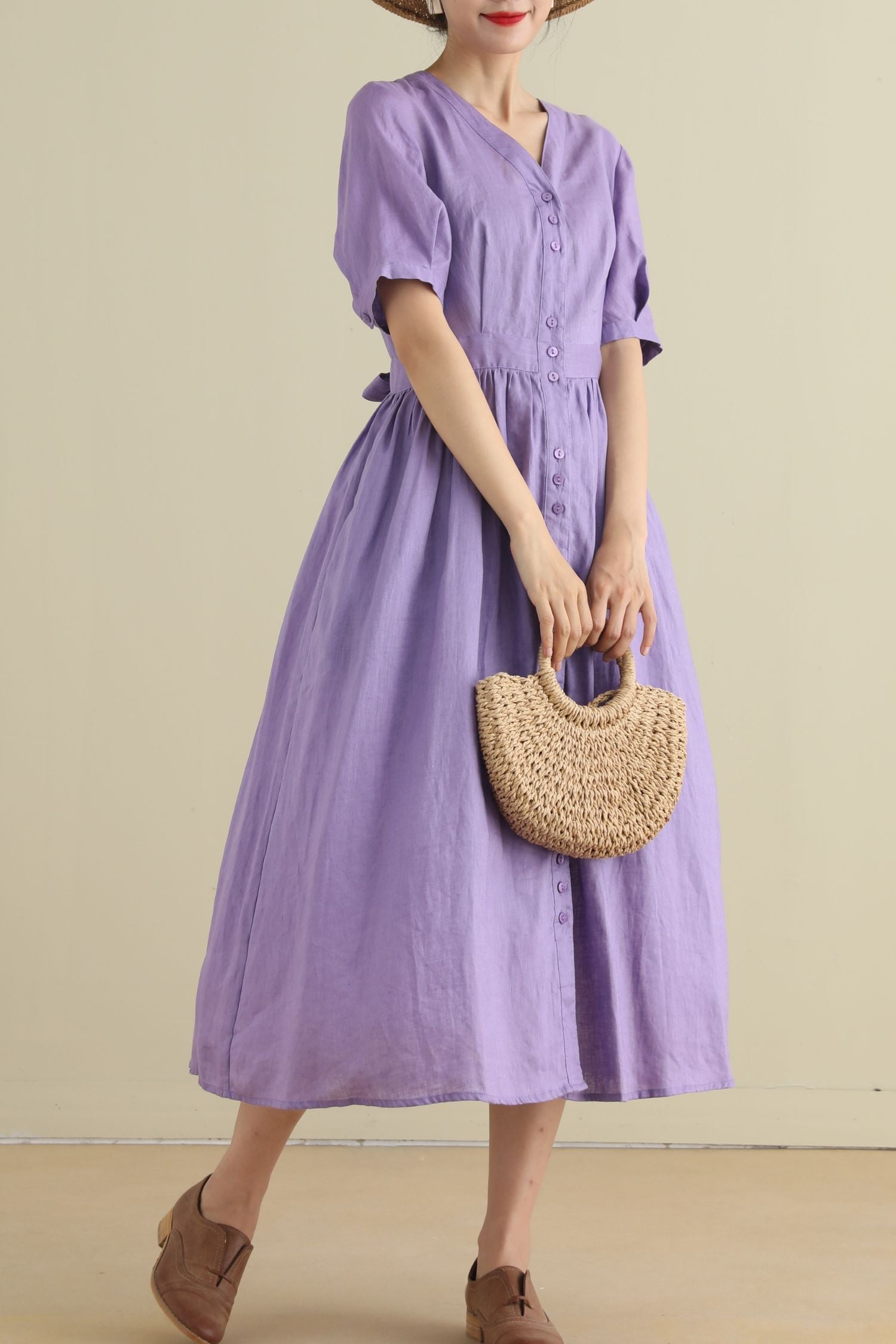 lavender linen dress Purple Linen Midi Dress with Button Front and V-Neck – Xiaolizi