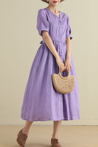 Button up purple midi linen dresses 2796