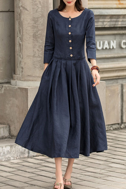 Navy Linen Maxi Dress - Drop Waist 3/4 Sleeves Pockets | Xiaolizi 2742
