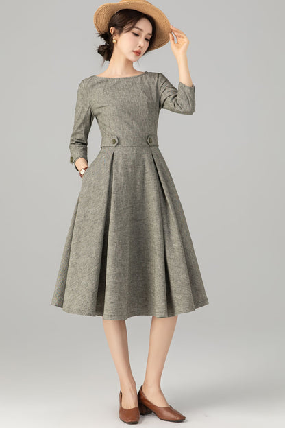 Army Green Linen Cotton Midi Dress - Vintage A-Line Silhouette 5706