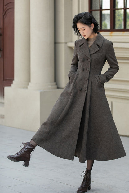 Chocolate Brown Wool Maxi Coat – Vintage Double Breasted Winter Overcoat 5460