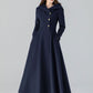 Navy blue hooded swing long wool coat 4662