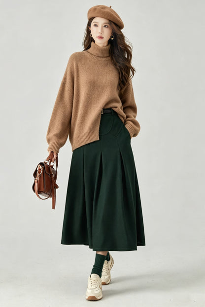 Vintage Dark Green Wool Swing Midi Skirt - High Waist A-Line Skirt 7014