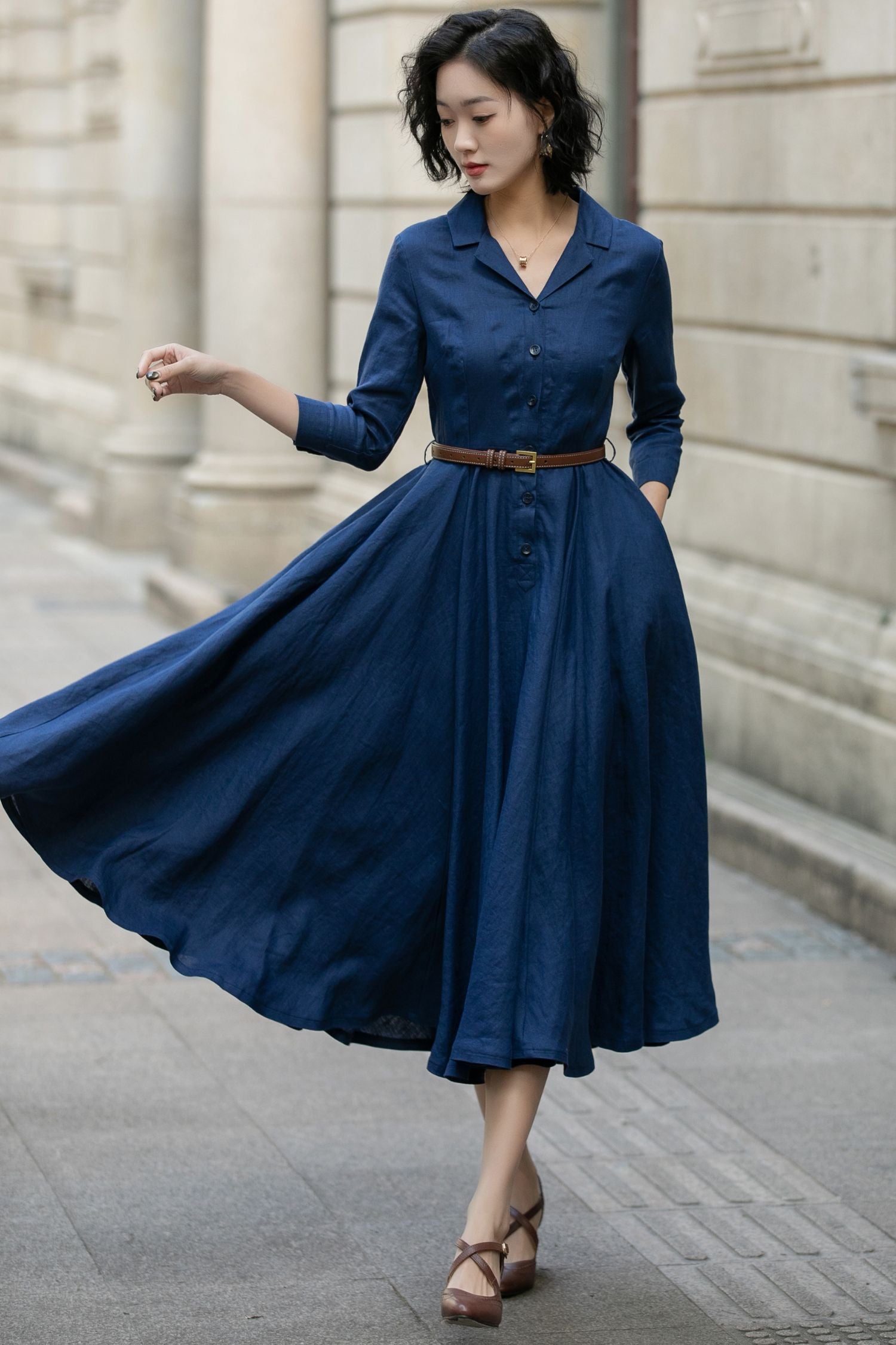 Navy Linen Shirt Dress for Women, Xiaolizi Belted A-Line Dress 5682