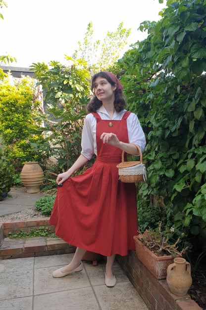 Red Linen Midi Pinafore Dress - Pleated Swing, Square Neckline 2823