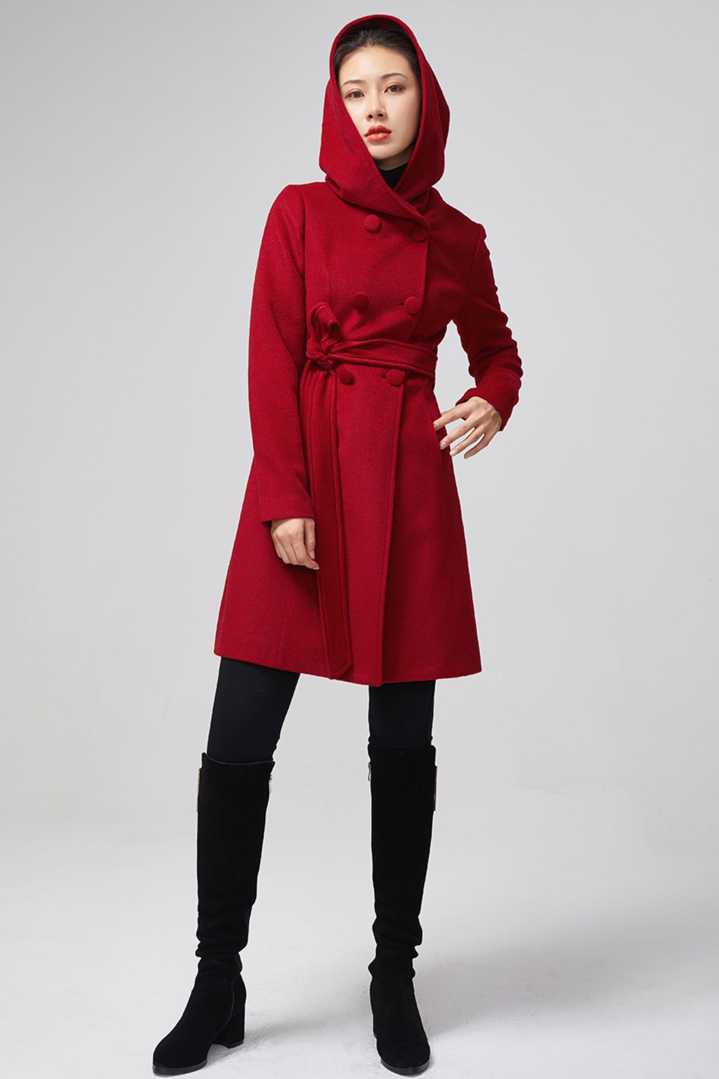 Women's Hooded Wool Coat - Double Breasted Red Winter Coat 5612