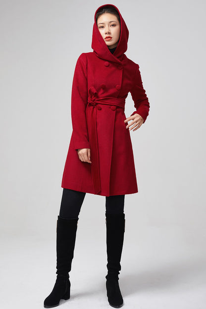 Red Wool Coat - Hooded Double Breasted Tie Waist 5612