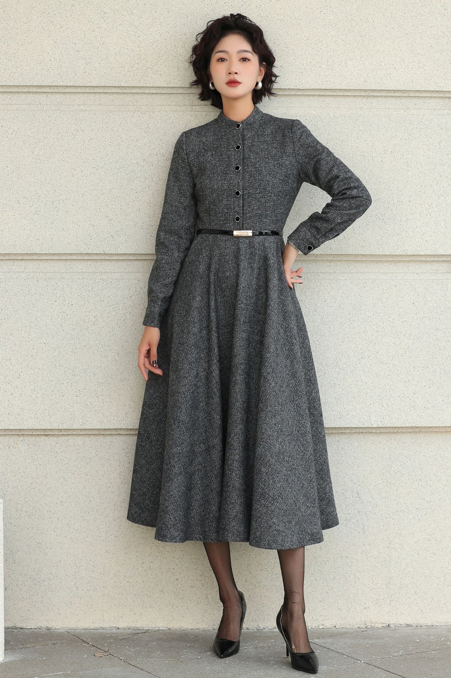 Wool A-Line Midi Gray Belted Vintage Style Dress 6508