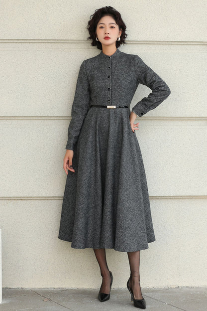Wool A-Line Midi Gray Belted Vintage Style Dress 6508