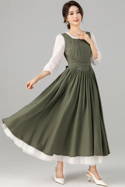 Army Green Linen Cotton Midi Dress - Square Neck Ruffle | Xiaolizi 5705