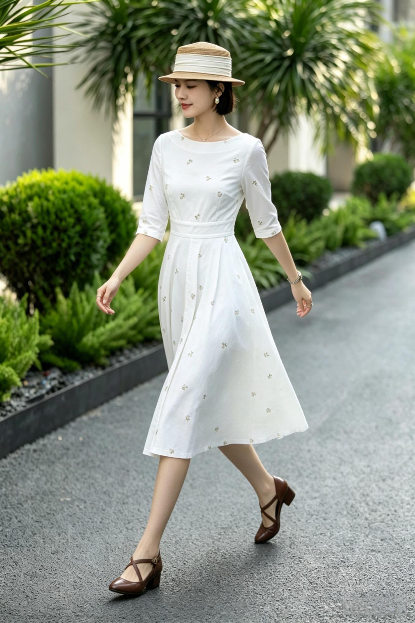 White Linen Cotton Midi Dress – Vintage Fit & Flare with Pockets 6785