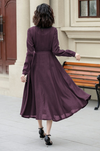 Purple Linen Wrap Dress – Handmade Long Sleeve Maxi for Women 6672