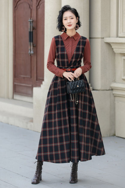Fit and flare plaid pinafore wool dress women 5354