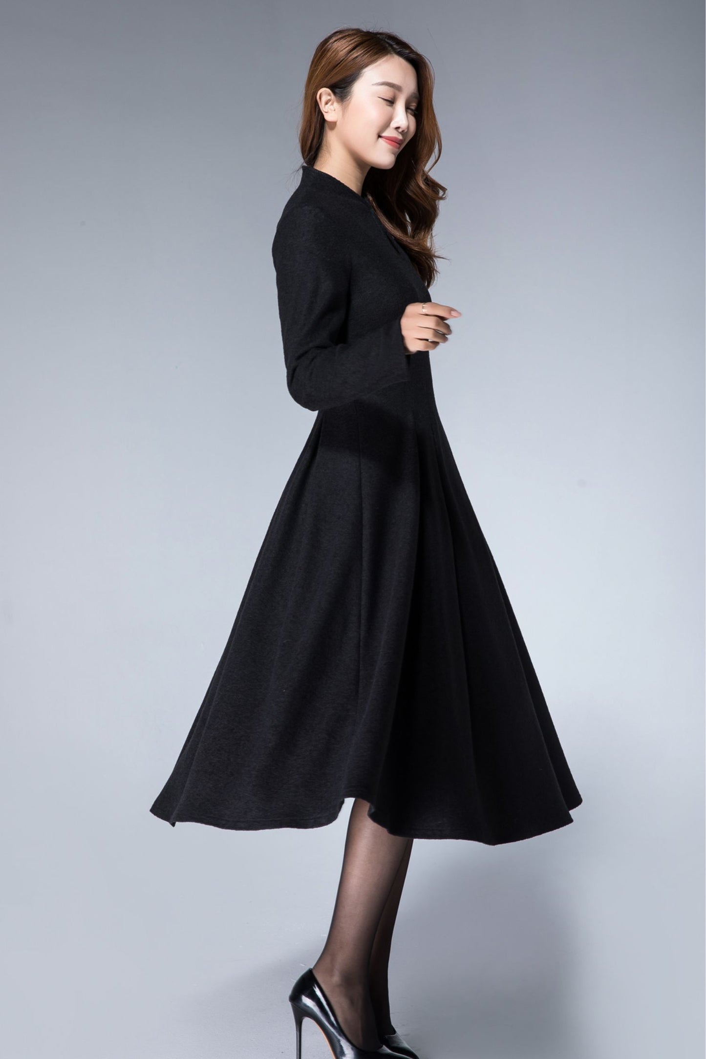 Mandarin collar black winter wool dress women 1872