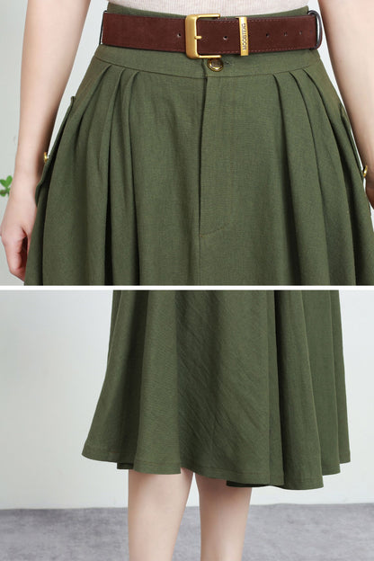 Army Green Linen Blend Midi Skirt - High-Waisted A-Line Swing 5729