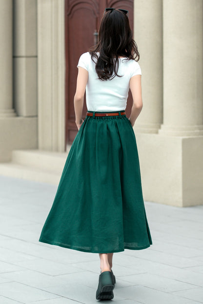 Green Linen A-Line Midi Skirt - Button Front Detail 4967