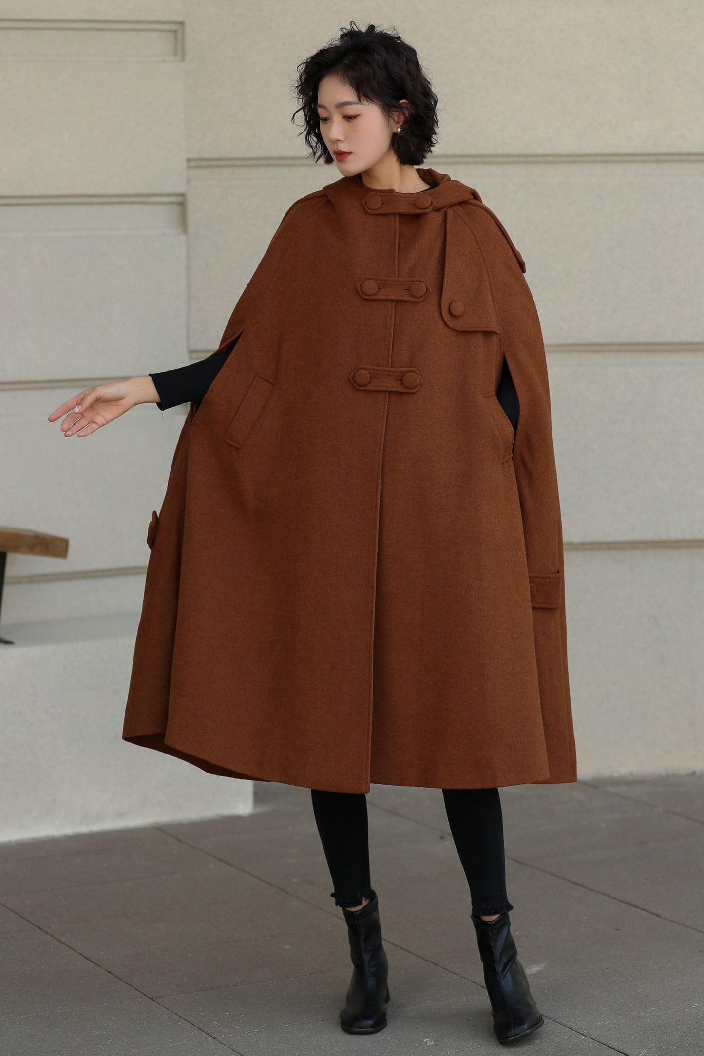 Handmade Wool Hooded Cape – Vintage Winter Cloak Coat with Pockets 6527