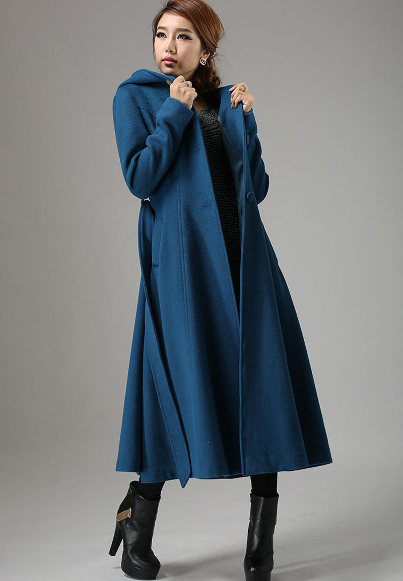 Handmade Teal Blue Wool Hooded Coat – Elegant Fit and Flare Winter