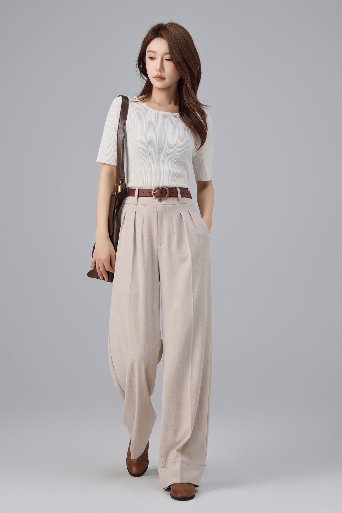 Beige Polyester Wide Leg Pants - High Waist Pleated | Xiaolizi 6761