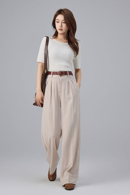 Beige Polyester Wide Leg Pants - High Waist Pleated | Xiaolizi 6761