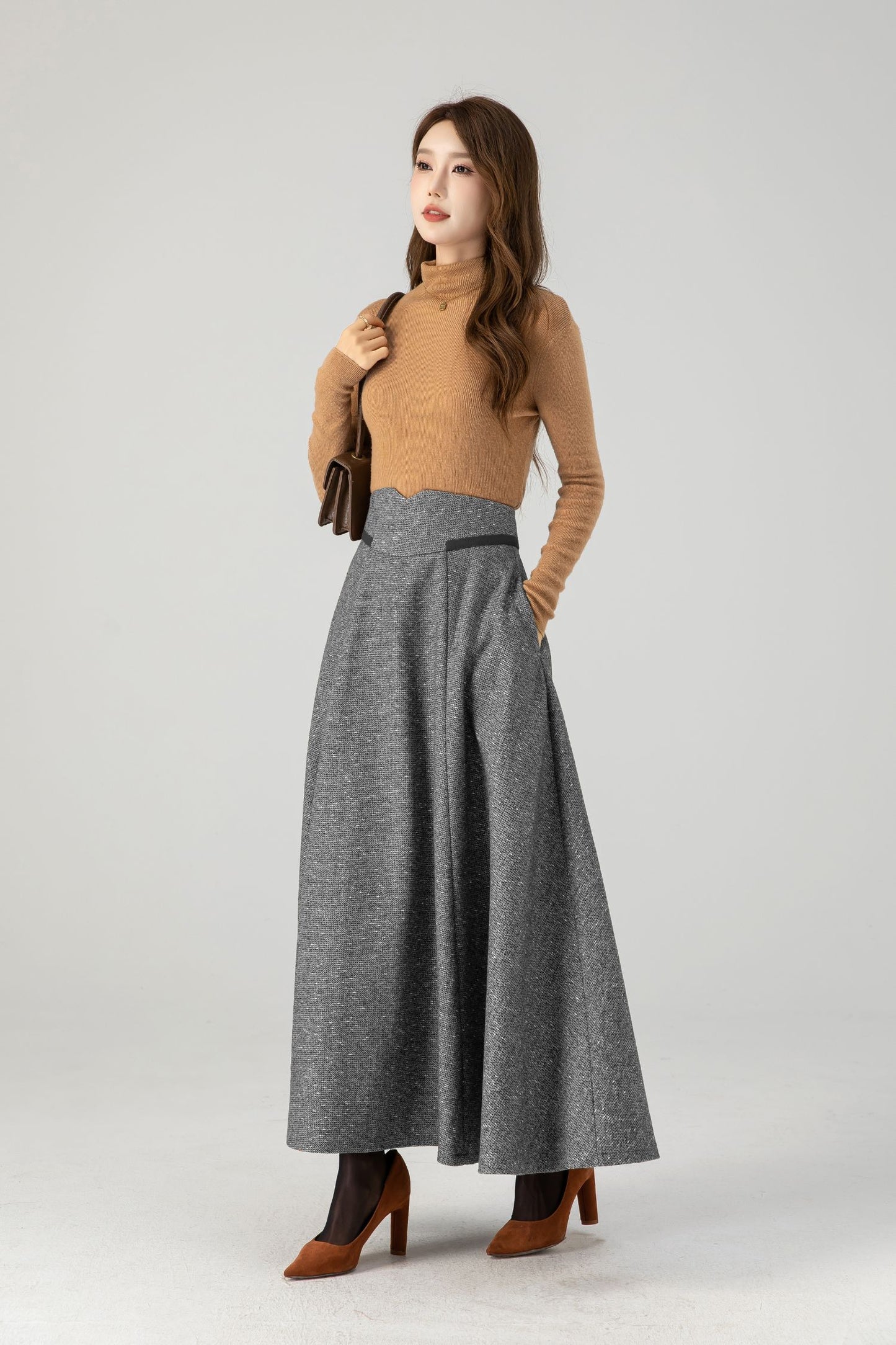Grey Wool Blend Maxi Skirt With Flared A-Line Shape | Xiaolizi 5388