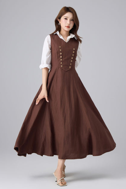 Brown Linen Cotton Pinafore Dress - V-Neck Maxi | Xiaolizi 6757