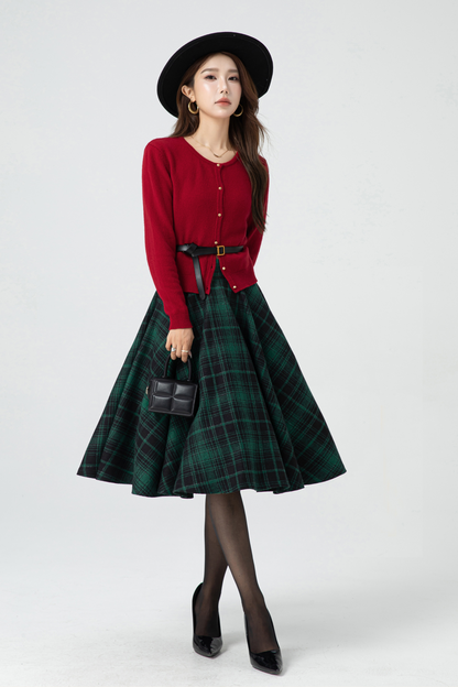 Handmade Wool Plaid Circle Skirt – Vintage High Waist Winter Midi Skirt | Xiaolizi 5319