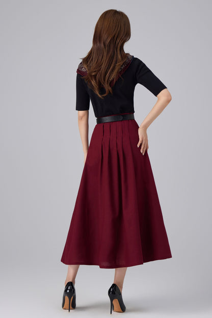 Burgundy Linen Midi Skirt - High Waist Pleated A-Line | Xiaolizi 6759