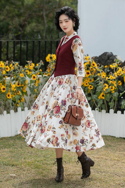 Xiaolizi Floral Linen Midi Dress – Vintage Mandarin Collar Shirt Dress 6691