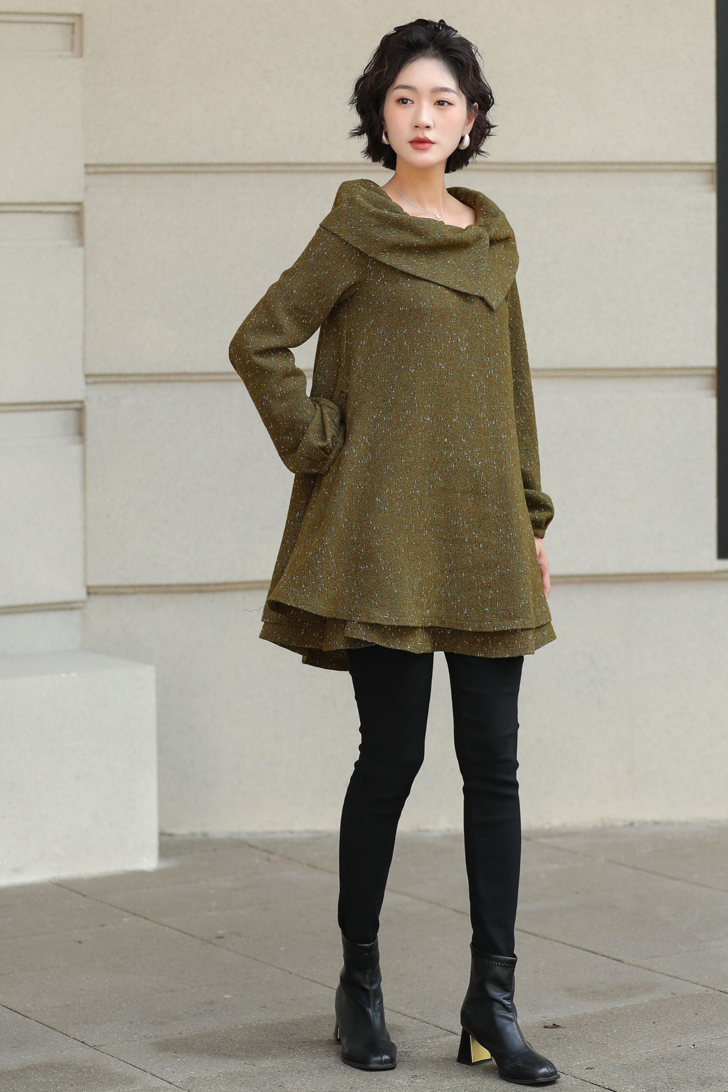 Handmade Wool Blend Tunic Coat – Vintage-Inspired Oversized Collar for Fall/Winter | Xiaolizi 6513
