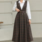 Brown Plaid Wool Midi Dress – Vintage Sleeveless Pinafore Swing Dress 6417