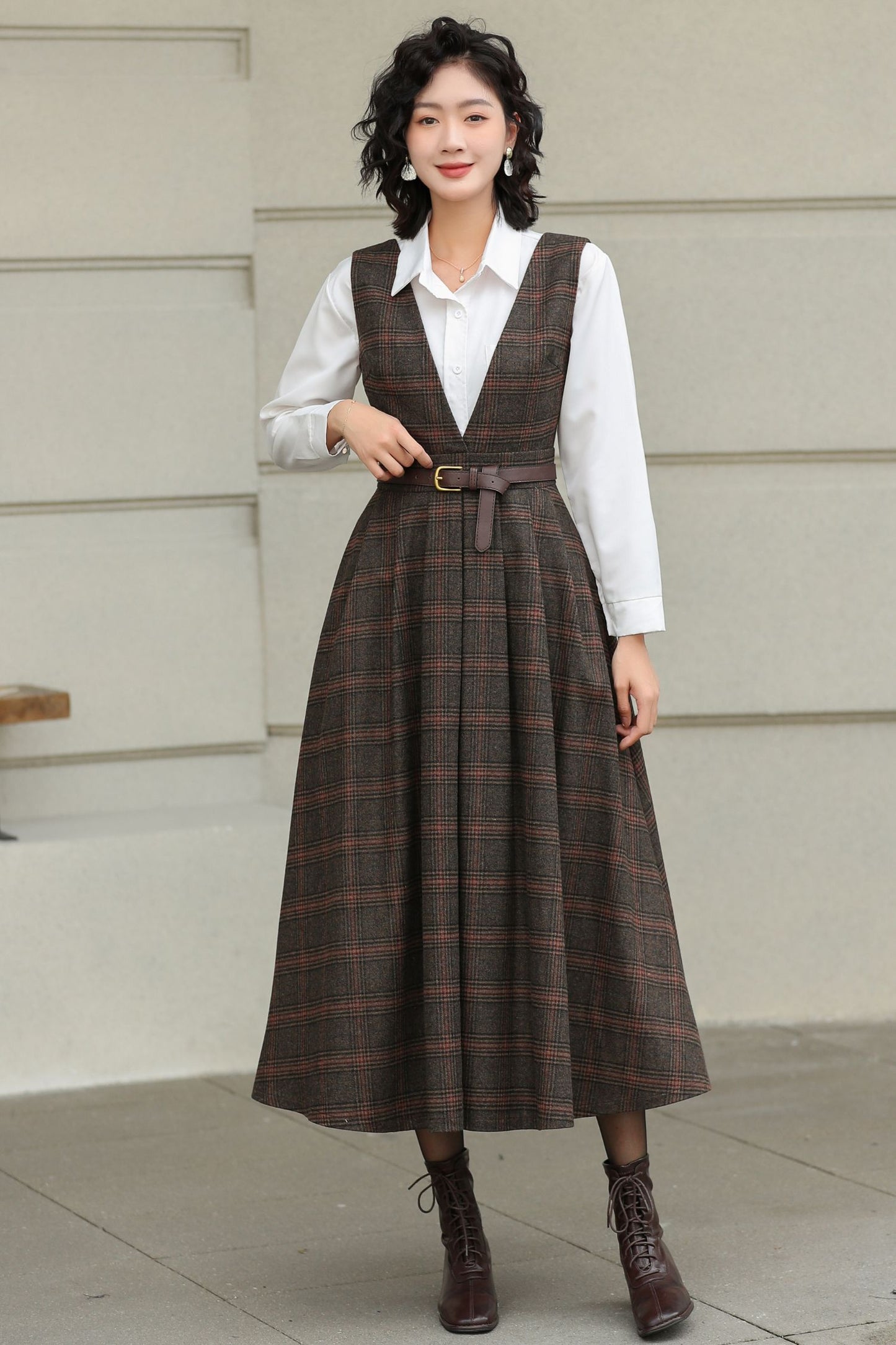 Brown Plaid Wool Midi Dress – Vintage Sleeveless Pinafore Swing Dress 6417