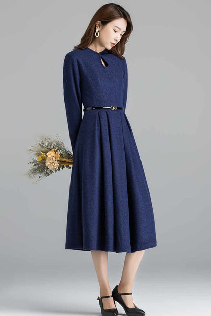 Blue Wool Midi Dress - Mandarin Collar, Pleated A-Line Silhouette 2401