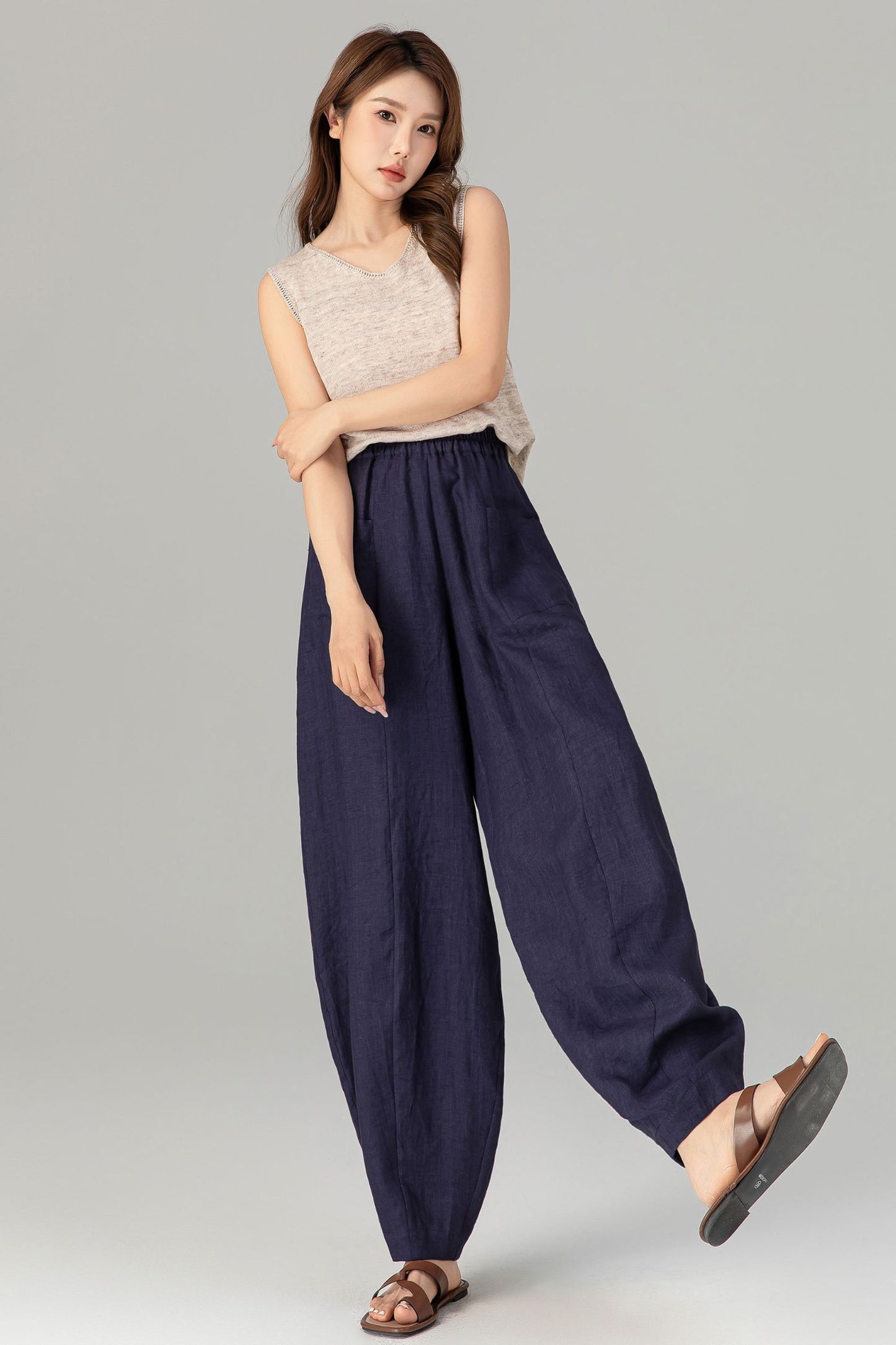 Loose fitting wide leg long linen pants 4907