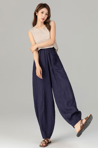 Navy Linen Cotton Wide Leg Pants - Lantern Silhouette with Pockets 4907