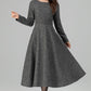 Handmade Dark Gray Wool Midi Dress – Long Sleeve Fit and Flare | Xiaolizi 6390