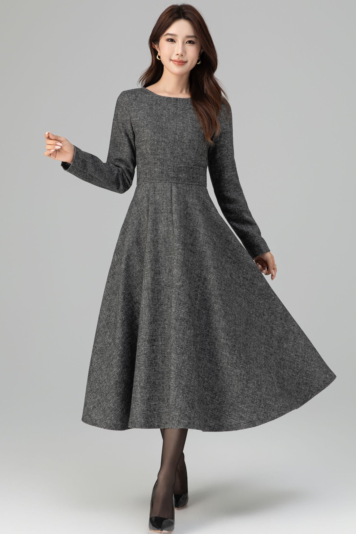 Handmade Dark Gray Wool Midi Dress – Long Sleeve Fit and Flare | Xiaolizi 6390