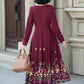 Embroidered burgundy fit and flare wool dress 5307