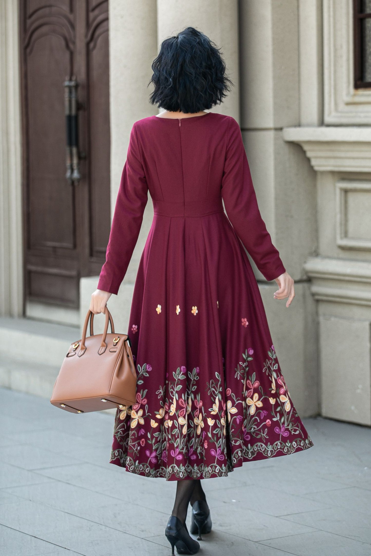 Embroidered burgundy fit and flare wool dress 5307