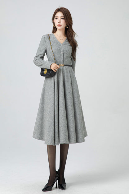 Gray Wool Midi Dress - Fit and Flare V-Neck Swing Silhouette 5304
