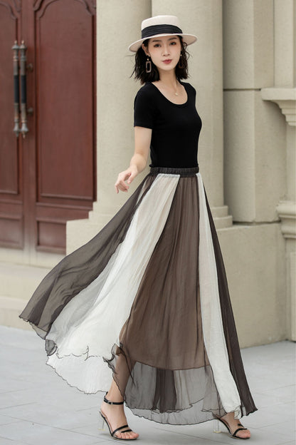 Black and Beige Chiffon Maxi Skirt - Bohemian A-Line Swing 5106