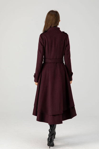 Burgundy Midi Asymmetrical Winter Wool coat 4603