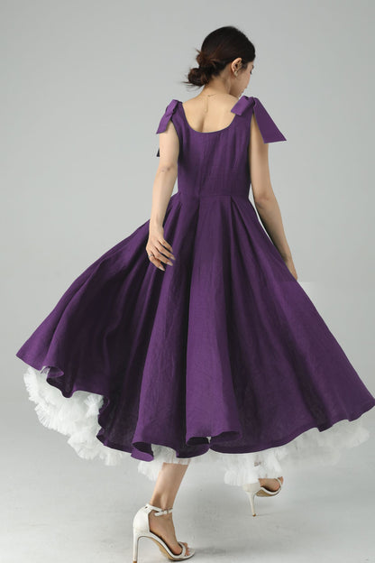 Purple Linen Midi Dress – Handmade Square Neck Fit-and-Flare Dress 6675