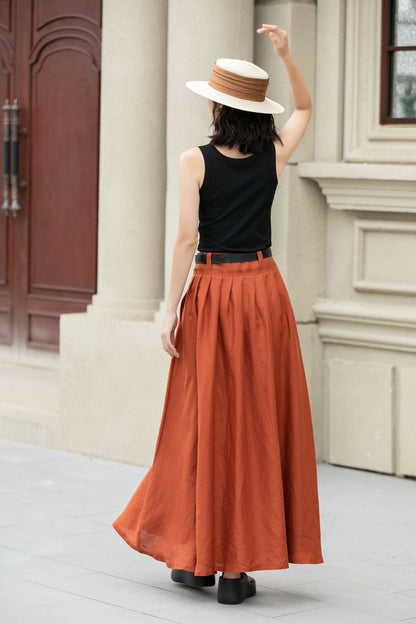Apricot Linen Maxi Skirt - Pleated Waist, Ankle Length 5149