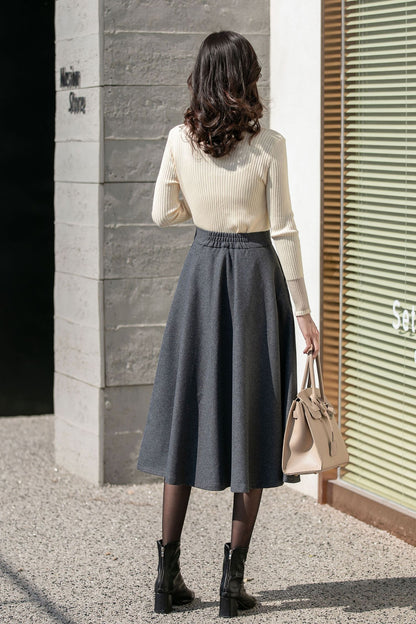 Gray Wool Midi Skirt - Flowy A-Line Winter Elegance 4130