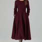 Burgundy Wool Dress – Handmade Long Sleeve Fit & Flare Winter Midi | Xiaolizi 6392