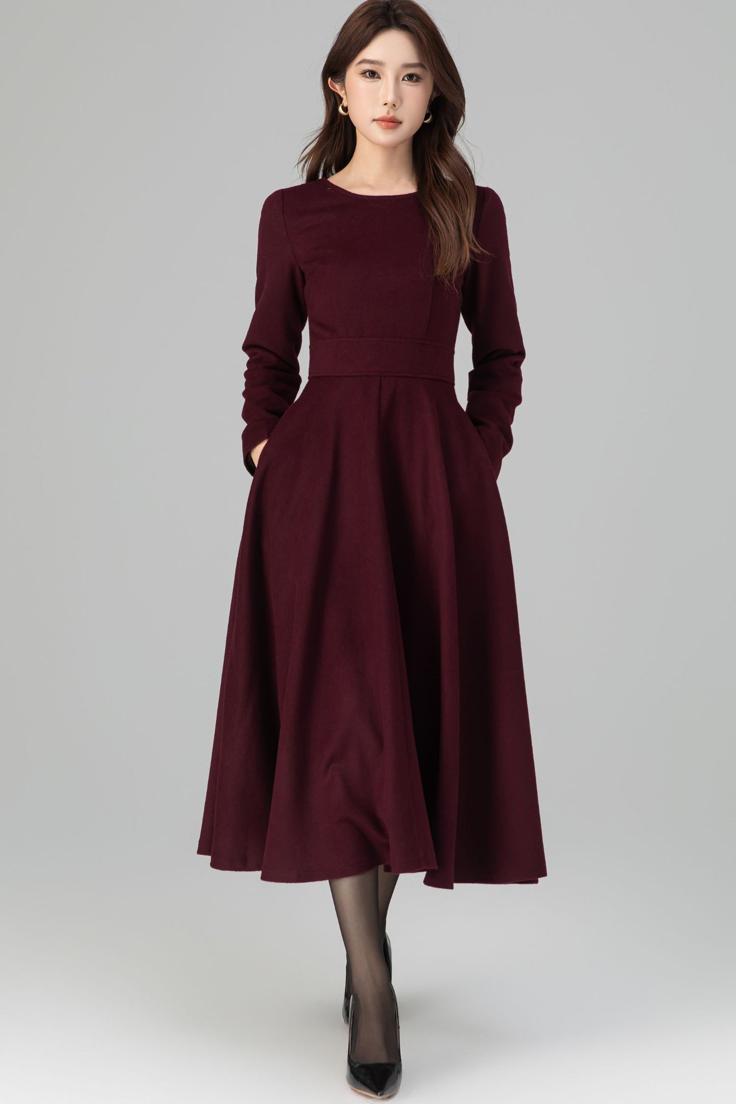 Burgundy Wool Dress – Handmade Long Sleeve Fit & Flare Winter Midi | Xiaolizi 6392